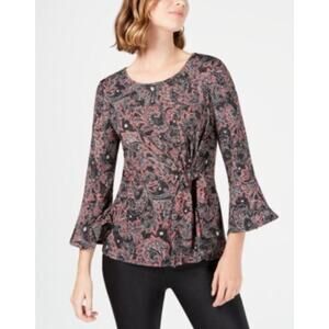 NY Collection Womens Petite 3/4 Sleeve Knot Front Knit Top in Black Multi PS $40